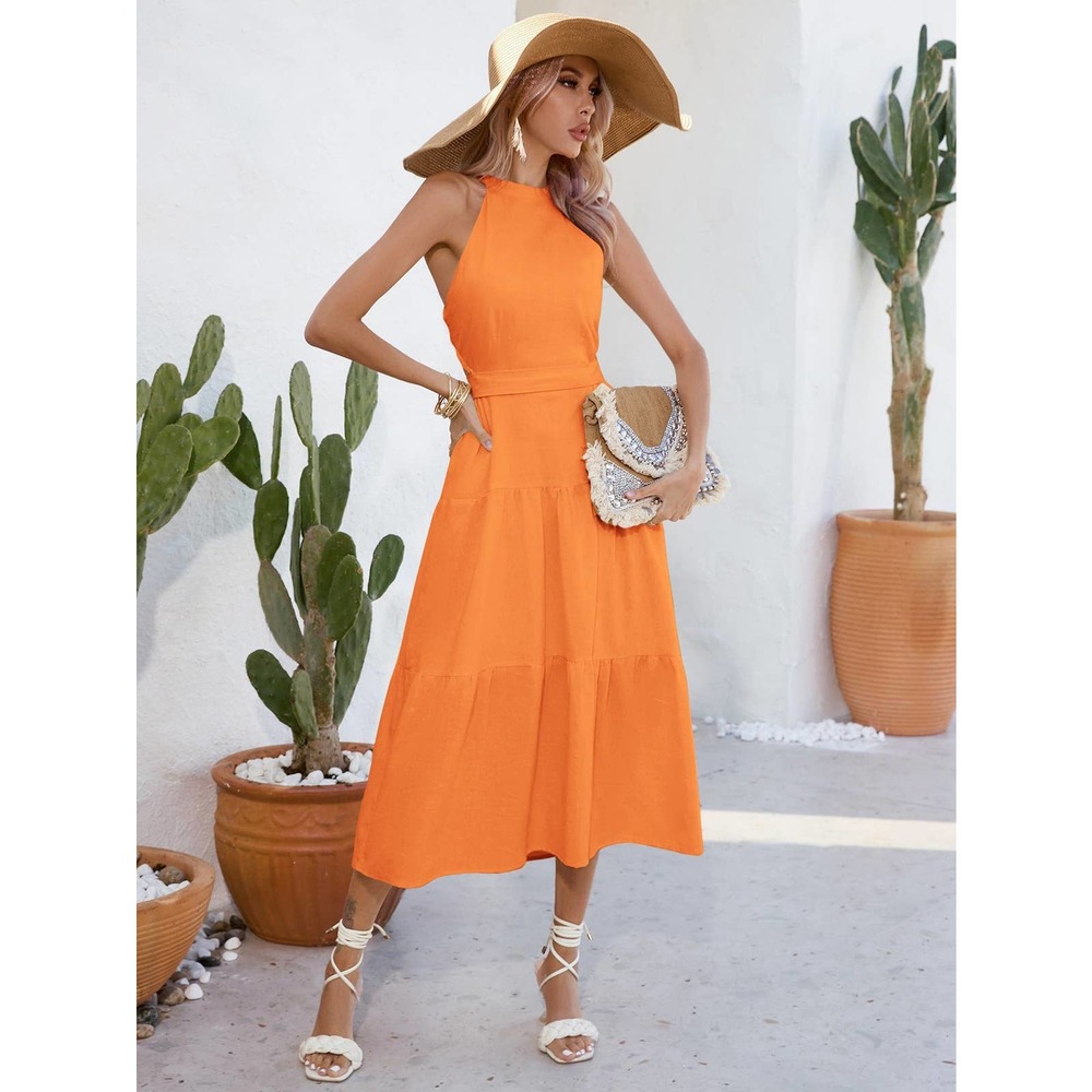 boho Solid Layered Hem Halter Neck Cut Out Waist maxi Dress - Picture 10 of 11